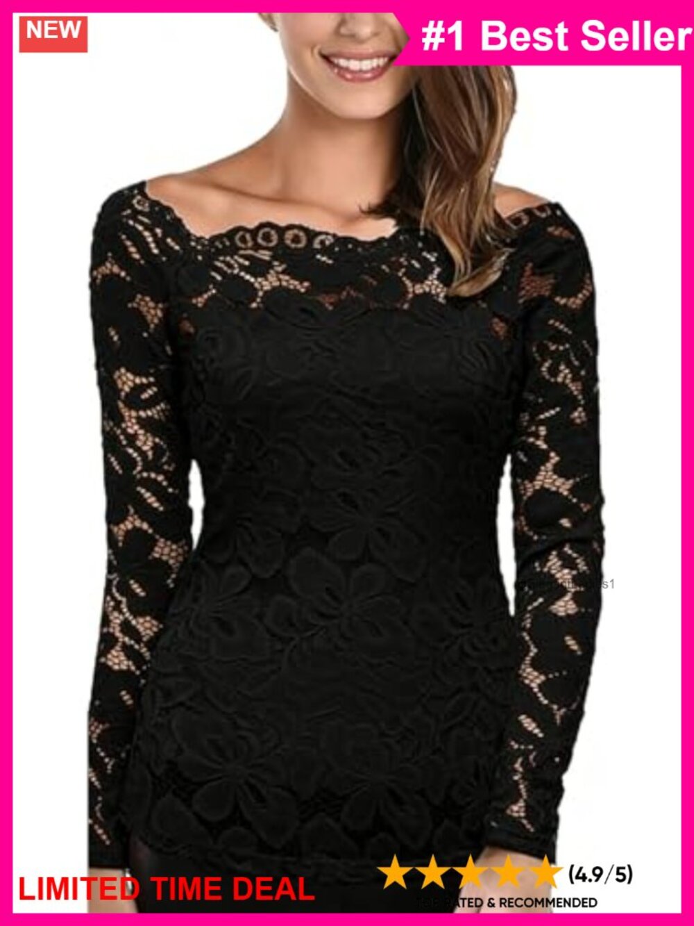 Lace Off-Shoulder Floral Blouse 7/8 Sleeve Fitted Top